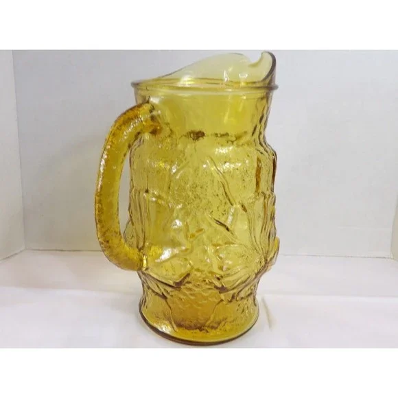 Vtg MCM Anchor Hocking Rain Flower Amber Glass Crinkle Pitcher Retro 10” 72 Oz - Picture 4 of 8